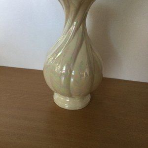 Vintage provincial mold lusterware white ceramic vase twisted signed TU 10"